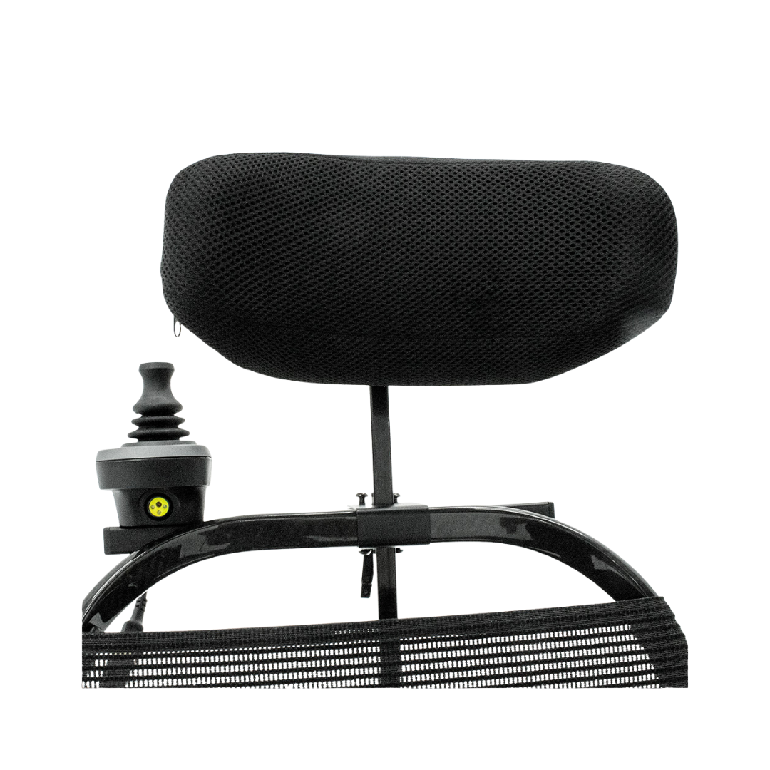 Close-up of a black mesh headrest with an attached joystick controller on the left, highlighting comfort and compatibility as an accessory for the Pride Jazzy® Ultra Light Powerchair, set against a white background.